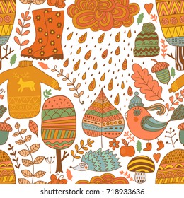 Vector seamless pattern, doodling autumn design. Hand draw trees and leafs over the city. Season of the rain, illustration, cute background. Color doodle background.