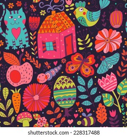 Vector seamless pattern, doodling design. Hand draw flowers and leafs. Kids illustration, cute background. Color doodle background
