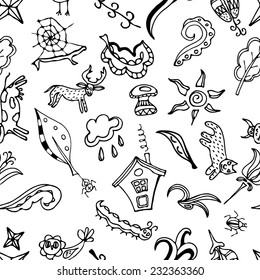 Vector seamless pattern, doodling design.  Kids illustration.  Doodle background