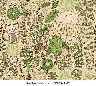 Vector seamless pattern, doodling design. Hand draw flowers and leafs. Kids illustration, cute background. Color doodle background