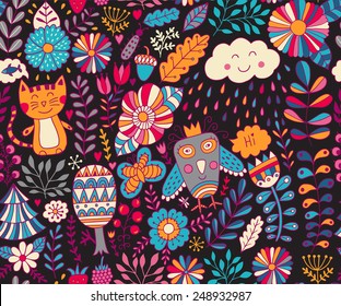 Vector seamless pattern, doodling design. Hand draw flowers and leafs. Kids illustration, cute background. Color doodle background