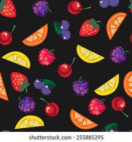 Vector seamless pattern, doodling design. Illustration, cute berries and fruit background. Color doodle background.