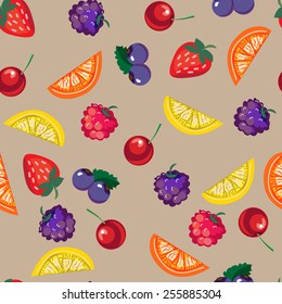 Vector seamless pattern, doodling design. Illustration, cute berries and fruit background. Color doodle background.