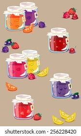 Vector seamless pattern, doodling design. Illustration, cute background. Jam jar pattern. Hand drawn vector illustration. Endless fruit background. Marmalade. 