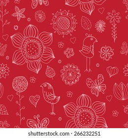 Vector seamless pattern. Doodling design. Hand draw flowers,leafs,birds and butterflies on red background.
