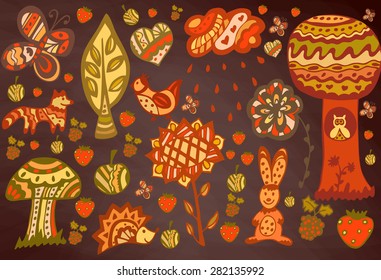 Vector seamless pattern, doodling design. Hand drawn background with cute forest animals, flowers, butterflies and mushrooms in cartoon style. Kids illustration, cute background. 