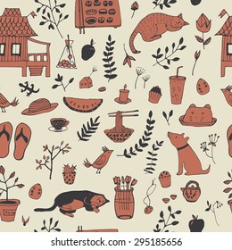 Vector seamless pattern, doodling design. Hand draw animals. Kids illustration, funny cartoon flowers, objects, animals in vector
