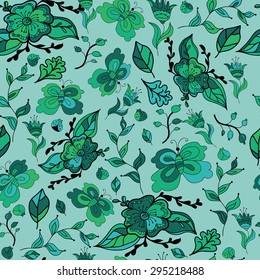 Vector seamless pattern, doodling design. Hand draw flowers and leafs. Kids illustration, cute background. Color doodle background