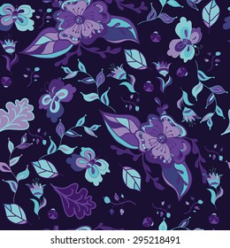 Vector seamless pattern, doodling design. Hand draw flowers and leafs. Kids illustration, cute background. Color doodle background