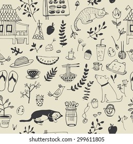 Vector seamless pattern, doodling design. Hand draw animals. Kids illustration, funny cartoon flowers, objects, animals in vector