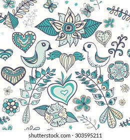Vector seamless pattern, doodling design. Hand draw flowers, hearts, birds and leafs. Kids illustration, cute background. Color doodle background