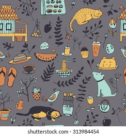 Vector seamless pattern, doodling design. Hand draw animals. Kids illustration, funny cartoon flowers, objects, animals in vector