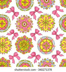 Vector seamless pattern, doodling design. Hand draw flowers and bows. Color doodle background