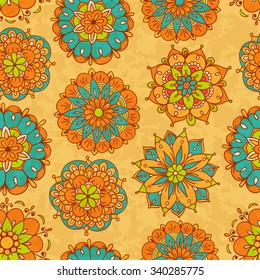 Vector seamless pattern, doodling design. Hand draw flowers. Color doodle background