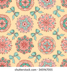 Vector seamless pattern, doodling design. Hand draw flowers and bows. Color doodle background
