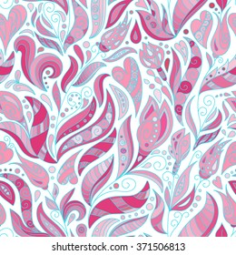 Vector seamless pattern, doodling design. Hand draw pink flowers, hearts and leafs. Vector illustration, cute background. Color doodle backdrop