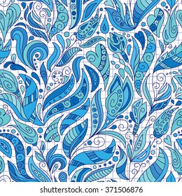 Vector seamless pattern, doodling design. Hand draw blue flowers, hearts and leafs. Vector illustration, cute background. Color doodle backdrop