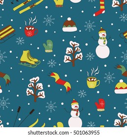 Vector seamless pattern, doodling design. Winter seamless pattern. Merry Christmas and Happy New Year background.