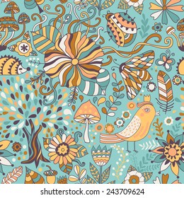 Vector seamless pattern, doodling floral design. Hand draw trees and leafs over the city. Season of the rain, illustration, cute background. Color doodle background