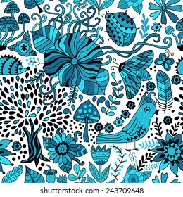 Vector seamless pattern, doodling floral design. Hand draw trees and leafs over the city. Season of the rain, illustration, cute background. Color doodle background
