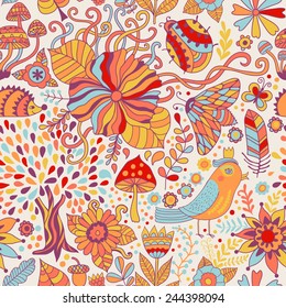 Vector seamless pattern, doodling floral design. Hand draw trees and leafs over the city. Season of the rain, illustration, cute background. Color doodle background