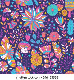 Vector seamless pattern, doodling floral design. Hand draw trees and leafs over the city. Season of the rain, illustration, cute background. Color doodle background