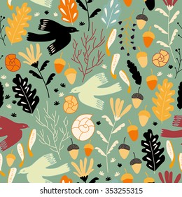 Vector seamless pattern, doodling floral design. Hand drawn birds and leaves. Season of rain, illustration, cute background. Color doodle background.