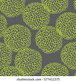 Vector seamless vector pattern with doodling round flowers. Gray and lemon colors
