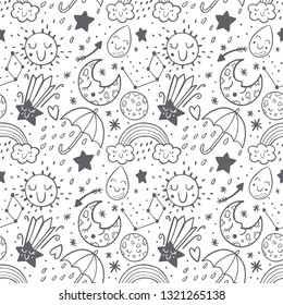 Vector seamless pattern dooodle sketch kids set. Hand dreawn style. Baby wreath cloud,moon,sun,rainbow,cloud. Babyshower illustration