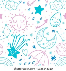 Vector seamless pattern dooodle sketch kids set. Hand dreawn style. Baby wreath cloud,moon,sun,rainbow,cloud. Babyshower illustration