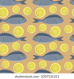 Vector seamless pattern with dorado fish and lemon slices on yellow. Wallpaper, background, paper or textile print