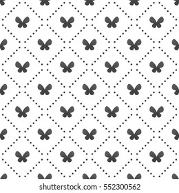 Vector seamless pattern with dots and butterflies in black color for wrapping paper, wallpapers and greeting cards. Summer print