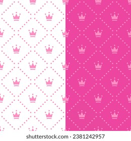 Vector seamless pattern with dots and crowns in pink color for wrapping paper, wallpapers and greeting cards. Princess print