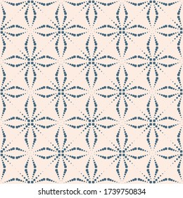 Vector seamless pattern with dots. Simple geometric texture with dotted halftone crosses, floral silhouettes, grid. Abstract minimal background in dark blue and beige. Modern repeat decorative design