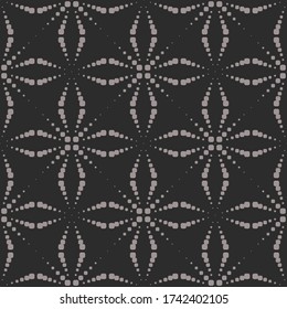 Vector seamless pattern with dots. Simple geometric texture with dotted halftone crosses, floral silhouettes, grid. Abstract minimal background in black and gray color. Modern repeat decorative design