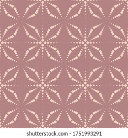 Vector seamless pattern with dots. Simple pink geometric texture with dotted halftone crosses, floral silhouettes, grid. Abstract minimal background. Modern repeat design for decor, print, wallpapers