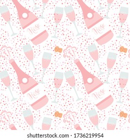 Vector seamless pattern with dotted champagne glass or flute, bottle and drop on white background. Pattern for restaurant and celebration design.