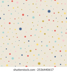 Vector seamless pattern with dotted colorful elements. Simple texture from small dots and stars