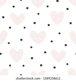 Vector seamless pattern with dotted texture heart shapes. Romantic decorative background for Valentine Day. Love hearty backdrop.