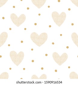 Vector seamless pattern with dotted texture heart shapes. Romantic golden decorative background for Valentine Day. Love hearty backdrop.