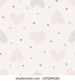 Vector seamless pattern with dotted texture heart shapes. Romantic decorative background for Valentine Day. Love hearty backdrop.