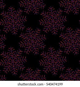 Vector seamless pattern with dotty motley snowflakes on a black background. Eps 10.