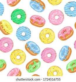 Vector seamless pattern of Doughnuts with blue, pink, green, yellow glaze and sugar icing on white background. Cartoon flat backdrop with dessert for sweet shop, Donut Day poster, print, textile.