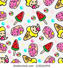 Vector seamless pattern with doughnuts, ice-creams and sweets