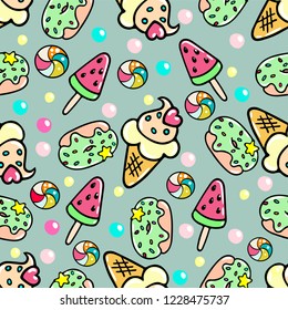 Vector seamless pattern with doughnuts, ice-creams and sweets.
