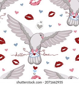 Vector seamless pattern dove carries a love letter in its paws. Declaration of love, message. Kisses, lips, lip prints. Design for printing on textiles, packaging, paper. 