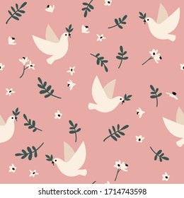 Vector seamless pattern with doves, flowers and leaves