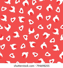 Vector Seamless Pattern with Doves and Heats. Valentines Day Pattern. Vector Illustration in Flat Style.