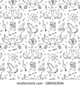 vector seamless pattern with doves and love envelopes. Valentine background for 14 February celebration. Love delivery  