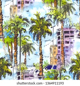 vector Seamless pattern. Downtown with street and buildings of Miami City in Florida, USA. Watercolor splash with hand drawn sketch illustration. retro colorful watercolor silhouettes of palm trees.